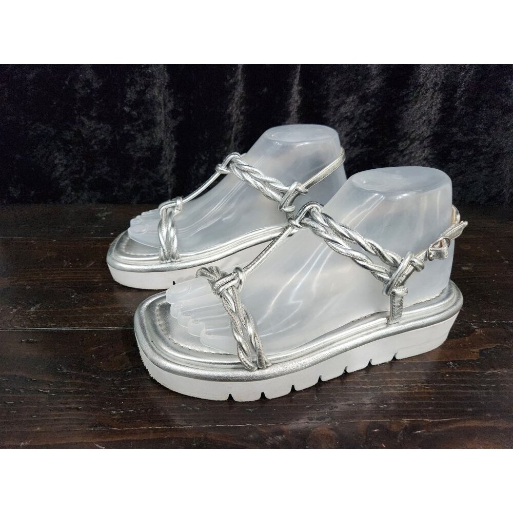 Stuart Weitzman Calypso Lift Metallic Leather Platform Sandal Sz. 5.5B Silver St